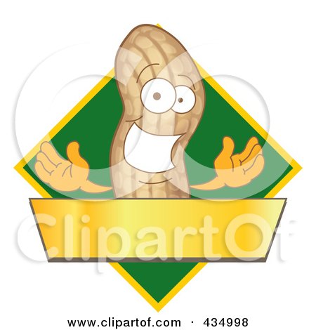 Royalty-Free (RF) Clipart Illustration of a Peanut Mascot Logo With A Green Diamond And Gold Banner by Mascot Junction