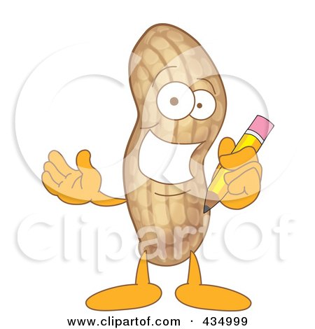Royalty-Free (RF) Clipart Illustration of a Peanut Mascot Holding A Pencil by Mascot Junction
