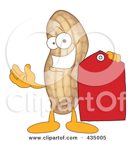 Royalty-Free (RF) Clipart Illustration of a Peanut Mascot Holding A Red Price Tag by Mascot Junction