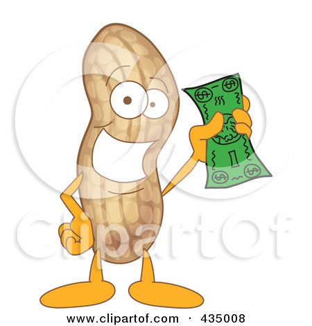 Royalty-Free (RF) Clipart Illustration of a Peanut Mascot Holding Cash by Mascot Junction