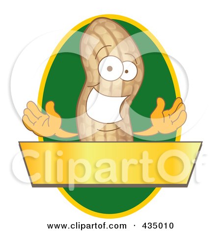 Royalty-Free (RF) Clipart Illustration of a Peanut Mascot Logo With A Green Oval And Gold Banner by Mascot Junction