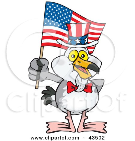 Clipart Illustration of a Patriotic Uncle Sam Seagull Waving An American Flag On Independence Day by Dennis Holmes Designs