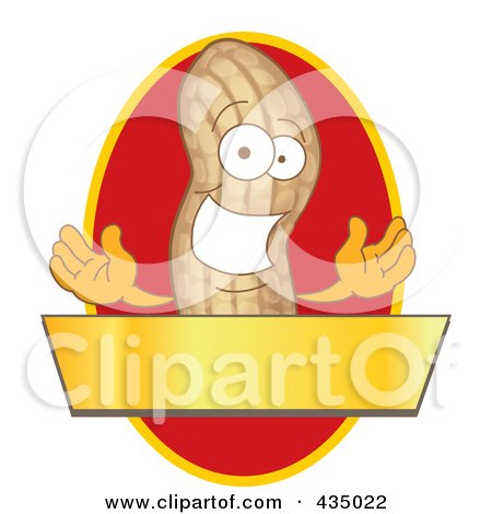 Royalty-Free (RF) Clipart Illustration of a Peanut Mascot Logo With A Red Oval And Gold Banner by Mascot Junction