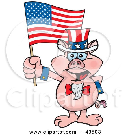 Clipart Illustration of a Patriotic Uncle Sam Pig Waving An American Flag On Independence Day by Dennis Holmes Designs