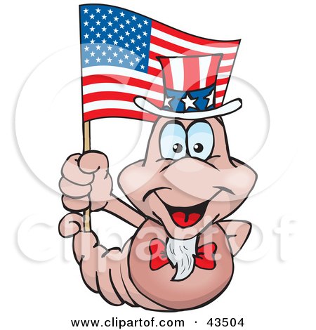 Clipart Illustration of a Patriotic Uncle Sam Worm Waving An American Flag On Independence Day by Dennis Holmes Designs