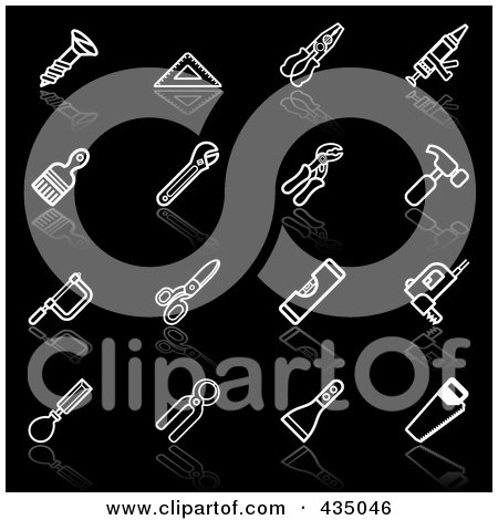 Royalty-Free (RF) Clipart Illustration of a Digital Collage Of White Tool Application Icons With Reflections - 2 by AtStockIllustration