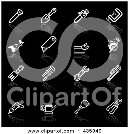 Royalty-Free (RF) Clipart Illustration of a Digital Collage Of White Tool Application Icons With Reflections - 1 by AtStockIllustration