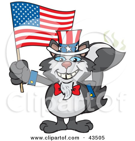 Clipart Illustration of a Patriotic Uncle Sam Skunk Waving An American Flag On Independence Day by Dennis Holmes Designs