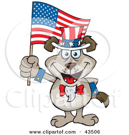 Clipart Illustration of a Patriotic Uncle Sam Canine Waving An American Flag On Independence Day by Dennis Holmes Designs