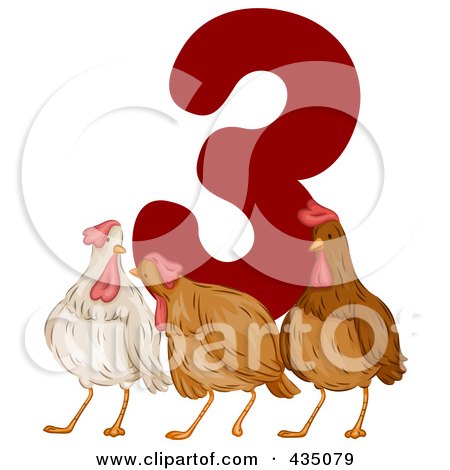 Royalty-Free (RF) Clipart Illustration of Three French Hens With A Red Number Three by BNP Design Studio