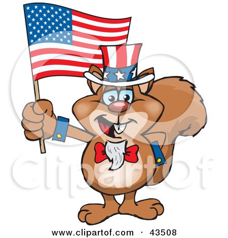 Clipart Illustration of a Patriotic Uncle Sam Squirrel Waving An American Flag On Independence Day by Dennis Holmes Designs