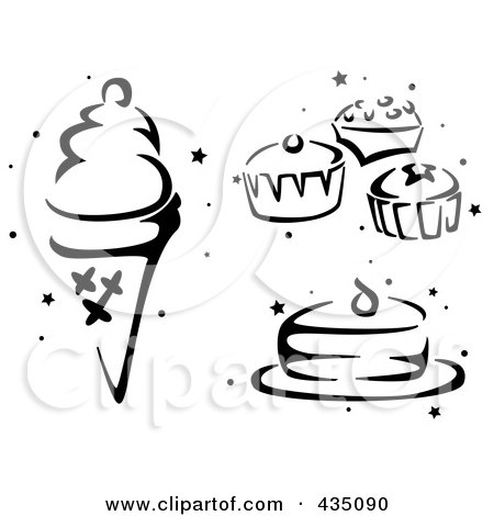 Royalty-Free (RF) Clipart Illustration of a Digital Collage Of A Black And White Stenciled Ice Cream Cones, Cupcakes And Cake by BNP Design Studio