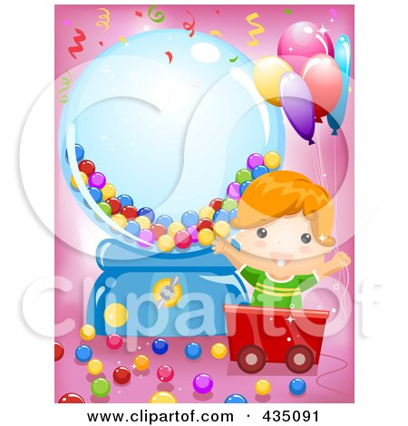 Royalty-Free (RF) Clipart Illustration of a Happy Boy In A Cart By A Giant Gum Ball Machine On Pink by BNP Design Studio