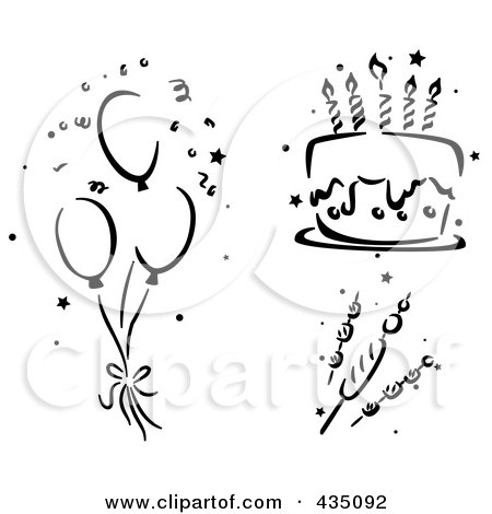 Royalty-Free (RF) Clipart Illustration of a Digital Collage Of Black And White Stenciled Balloons, Cake And Kebabs by BNP Design Studio