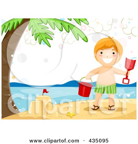 Royalty-Free (RF) Clipart Illustration of a Summer Boy Making A Sand Castle On A Beach by BNP Design Studio