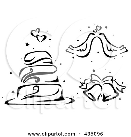 Royalty-Free (RF) Clipart Illustration of a Digital Collage Of A Black And White Stenciled Wedding Cake, Doves And Bells by BNP Design Studio