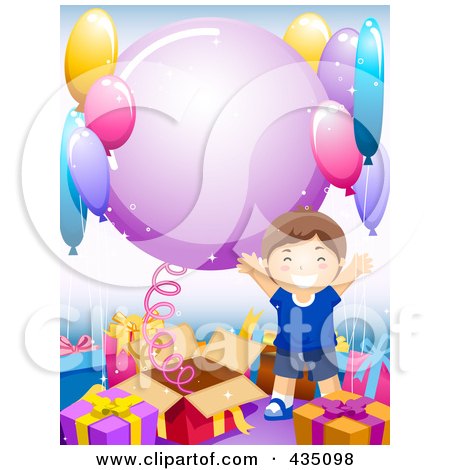 Royalty-Free (RF) Clipart Illustration of a Birthday Boy Celebrating By Gifts And Party Balloons by BNP Design Studio