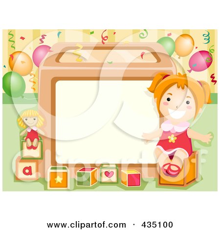 Royalty-Free (RF) Clipart Illustration of a Birthday Girl Frame With Blocks, A Doll And Balloons by BNP Design Studio