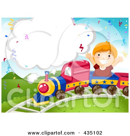 Royalty-Free (RF) Clipart Illustration of a Birthday Boy Riding On A Train, With A Blank Cloud by BNP Design Studio