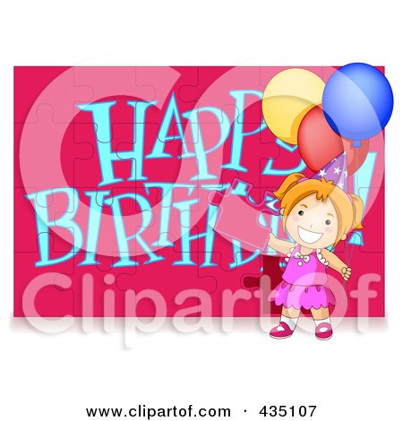 Royalty-Free (RF) Clipart Illustration of a Birthday Girl Assembling A Happy Birthday Puzzle by BNP Design Studio