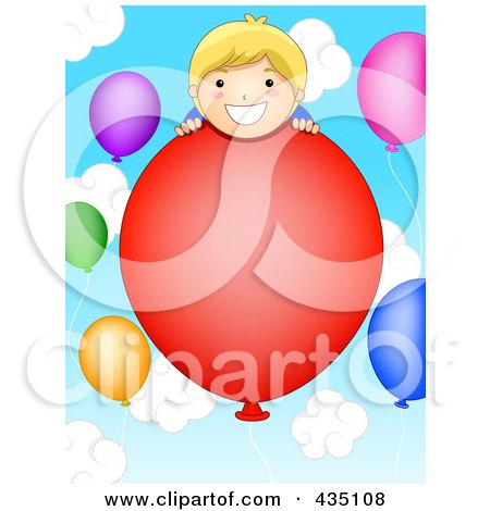 Royalty-Free (RF) Clipart Illustration of a Birthday Boy On A Floating Balloon In The Sky by BNP Design Studio