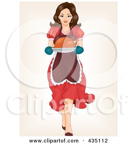 Royalty-Free (RF) Clipart Illustration of a Retro Pinup Woman Carrying A Roasted Turkey by BNP Design Studio