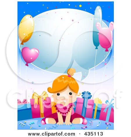Royalty-Free (RF) Clipart Illustration of a Cute Birthday Girl Sitting In Front Of Her Gifts Under A Word Balloon On Blue by BNP Design Studio