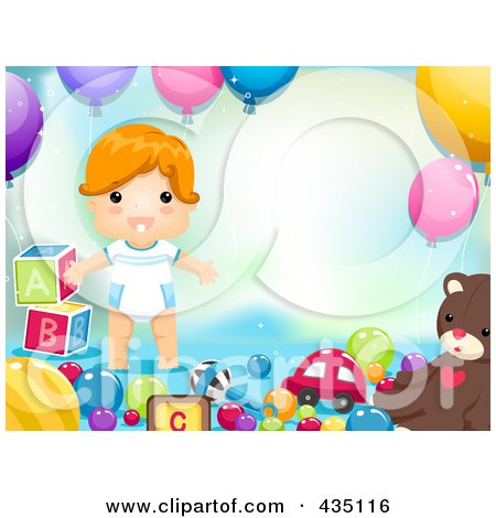 Royalty-Free (RF) Clipart Illustration of a Little Boy Surrounded By Boys And Balloons With Copyspace by BNP Design Studio