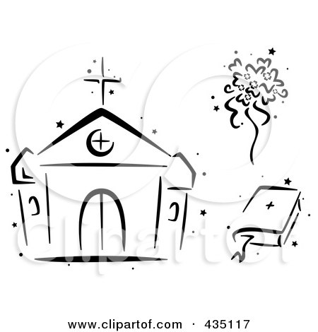 Royalty-Free (RF) Clipart Illustration of a Digital Collage Of A Black And White Stenciled Church, Bouquet And Bible by BNP Design Studio
