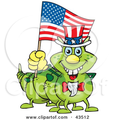 Clipart Illustration of a Patriotic Uncle Sam Caterpillar Waving An American Flag On Independence Day by Dennis Holmes Designs