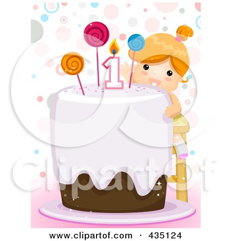 Royalty-Free (RF) Clipart Illustration of a First Birthday Girl Reaching Towards The Candle On Her Cake by BNP Design Studio