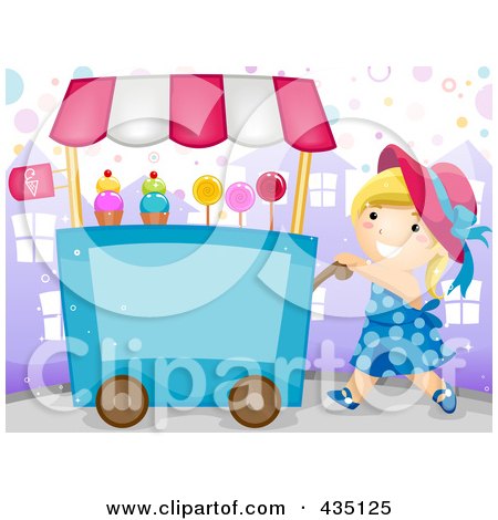 Royalty-Free (RF) Clipart Illustration of a Candy Vendor Girl Pushing A Cart by BNP Design Studio