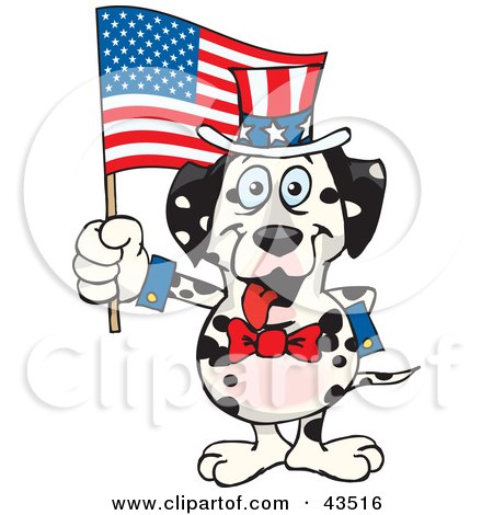 Clipart Illustration of a Patriotic Uncle Sam Dalmatian Waving An American Flag On Independence Day by Dennis Holmes Designs