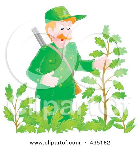 Royalty-Free (RF) Clipart Illustration of a Forest Ranger Man Inspecting A Plant by Alex Bannykh