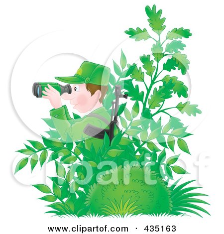 Royalty-Free (RF) Clipart Illustration of an Army Man Hiding In Plants And Using Binoculars by Alex Bannykh