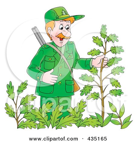 Royalty-Free (RF) Clipart Illustration of a Cartoon Forest Ranger Man Inspecting A Plant by Alex Bannykh