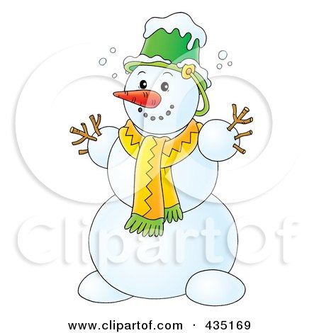 Royalty-Free (RF) Clipart Illustration of a Happy Snowman With A Bucket Hat And Scarf by Alex Bannykh