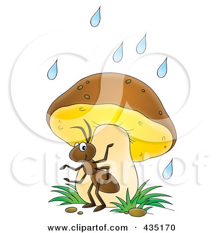 Royalty-Free (RF) Clipart Illustration of a Cartoon Ant Using A Mushroom As Safety From The Rain by Alex Bannykh
