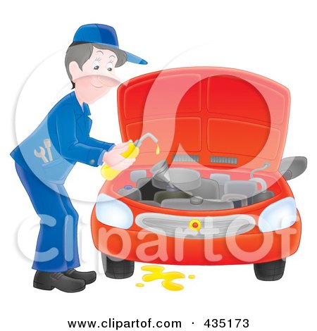 Royalty-Free (RF) Clipart Illustration of an Airbrushed Car Mechanic Changing The Oil by Alex Bannykh