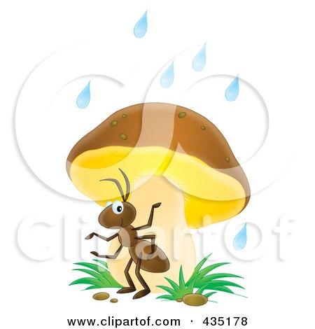 Royalty-Free (RF) Clipart Illustration of an Ant Using A Mushroom As Safety From The Rain by Alex Bannykh