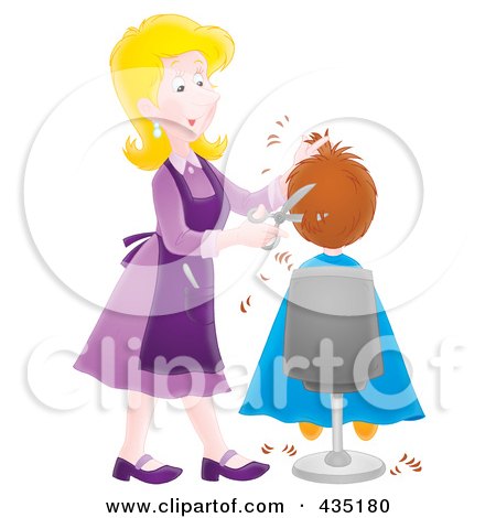 Royalty-Free (RF) Clipart Illustration of a Female Hairdresser Cutting A Boy's Hair by Alex Bannykh