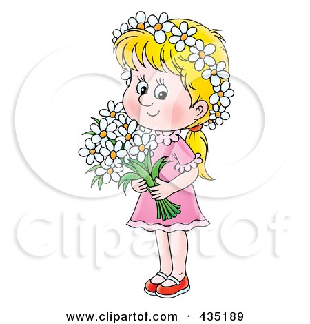 Royalty-Free (RF) Clipart Illustration of a Blond Girl Holding Daisies by Alex Bannykh