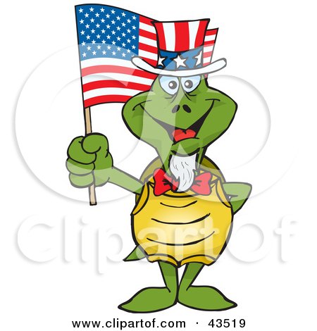 Clipart Illustration of a Patriotic Uncle Sam Turtle Waving An American Flag On Independence Day by Dennis Holmes Designs