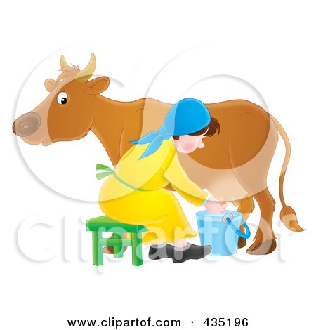 Royalty-Free (RF) Clipart Illustration of a Woman Milking A Cow by Alex Bannykh