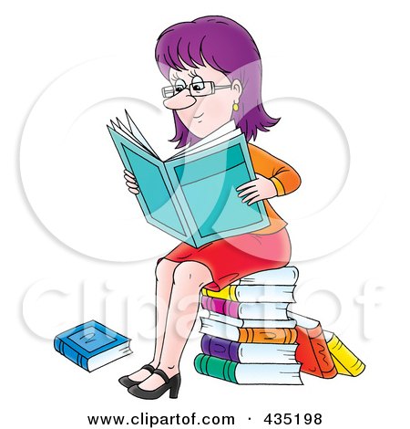 Royalty-Free (RF) Clipart Illustration of a Purple Haired Woman Sitting On A Stack Of Books And Reading The News by Alex Bannykh