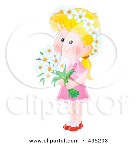 Royalty-Free (RF) Clipart Illustration of an Airbrushed Blond Girl Holding Daisies by Alex Bannykh