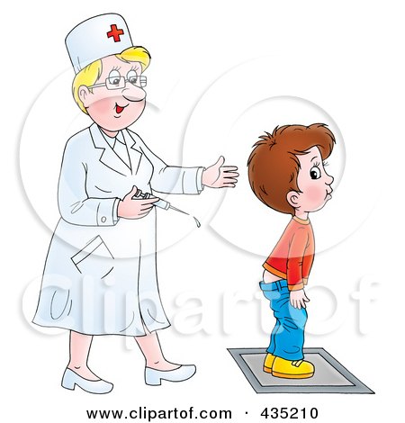 Royalty-Free (RF) Clipart Illustration of a Cartoon Boy Waiting For A Nurse To Give Him A Shot On The Butt by Alex Bannykh