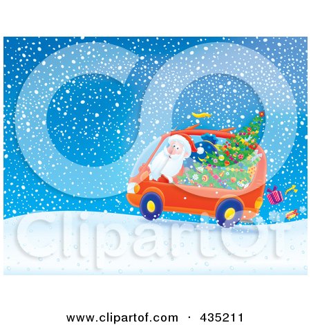 Royalty-Free (RF) Clipart Illustration of Santa Driving A Minivan In The Snow by Alex Bannykh