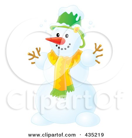 Royalty-Free (RF) Clipart Illustration of an Airbrushed Happy Snowman With A Bucket Hat And Scarf by Alex Bannykh