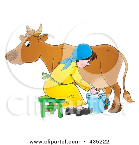 Royalty-Free (RF) Clipart Illustration of a Cartoon Woman Milking A Cow by Alex Bannykh